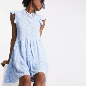 Stradivarius Sleeveless Shirt Dress in Blue Floral NWT